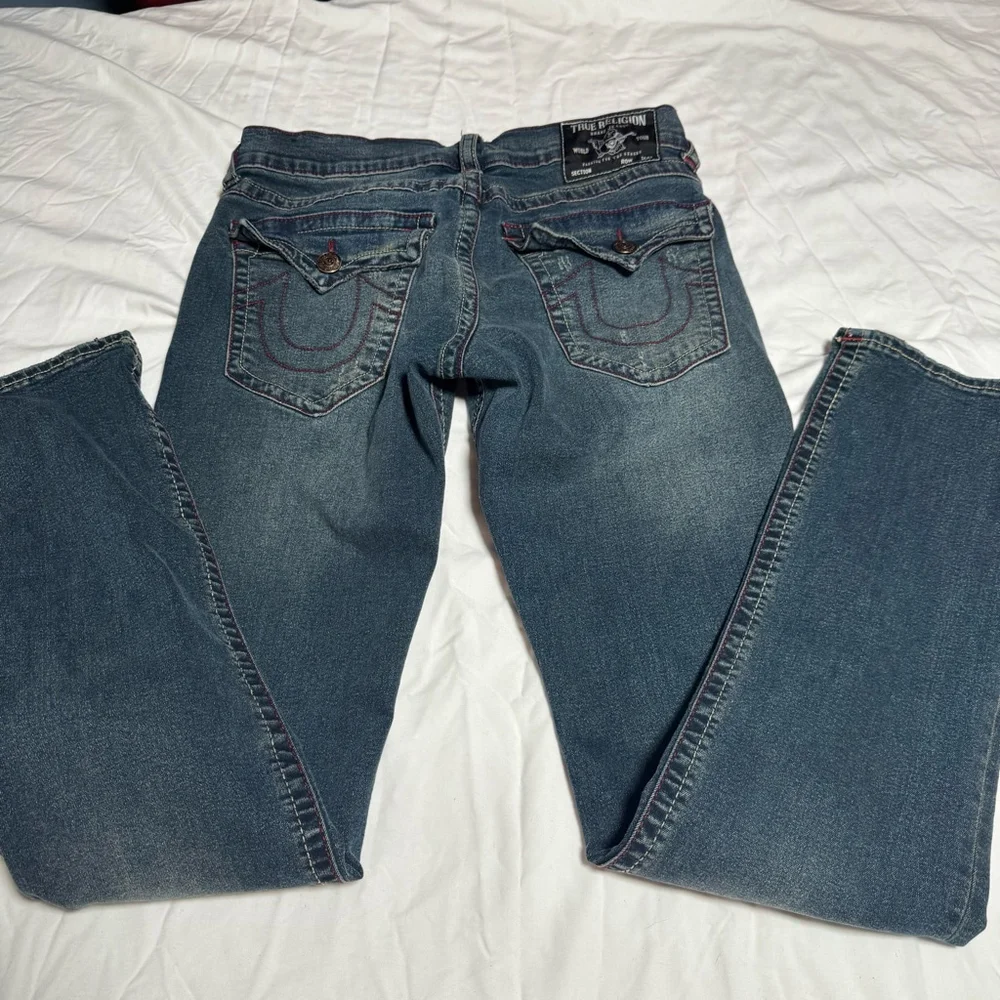 Men's True Religion Ricky Straight Jeans Waist 30 Blue with Red Stitching #90
